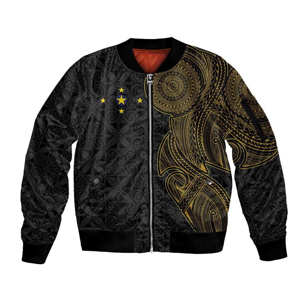 Niue Polynesian Hiapo Tattoo Art Sleeve Zip Bomber Jacket Half Style Black Gold Color - Polynesian Pride