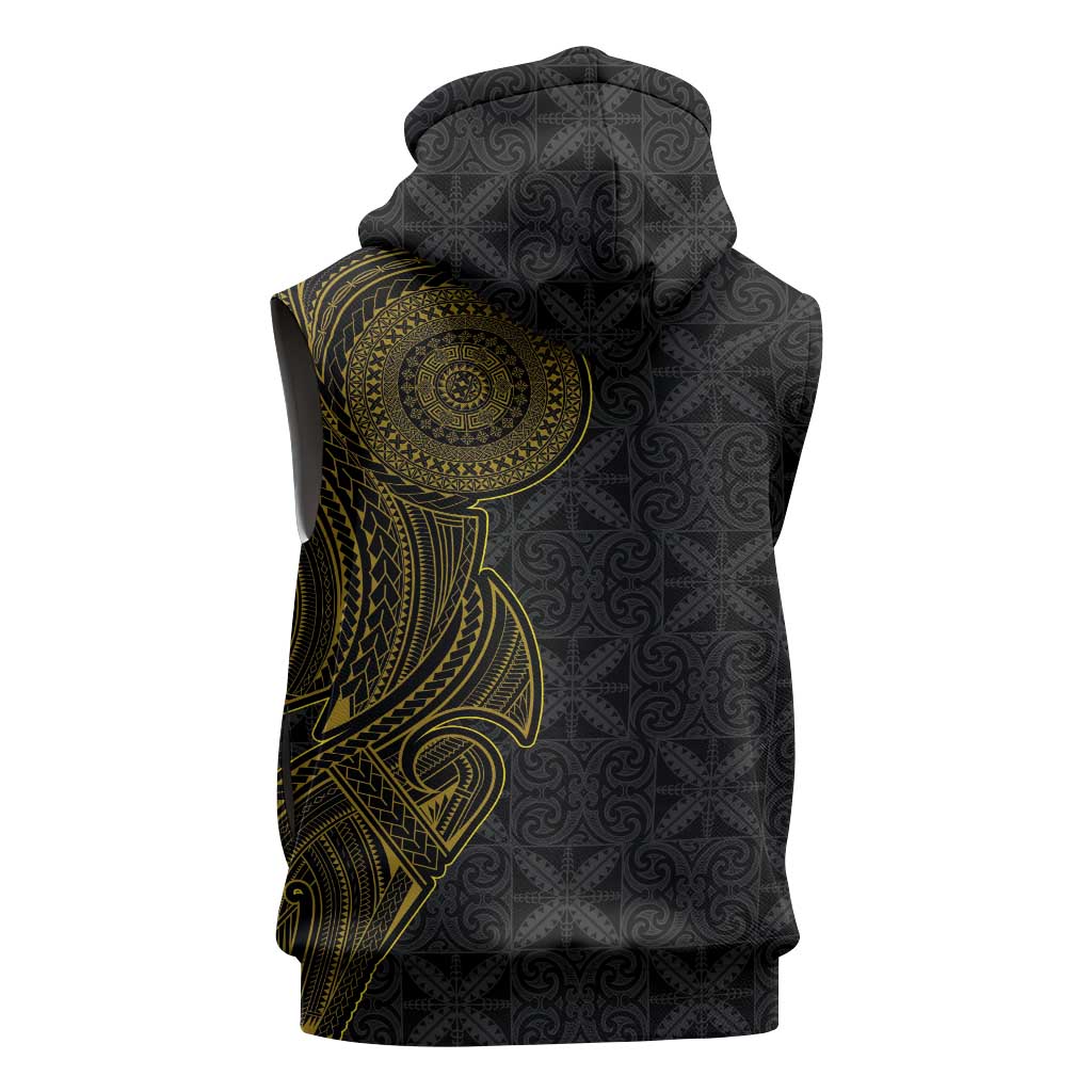 Niue Polynesian Hiapo Tattoo Art Sleeveless Zip Hoodie Half Style Black Gold Color - Polynesian Pride