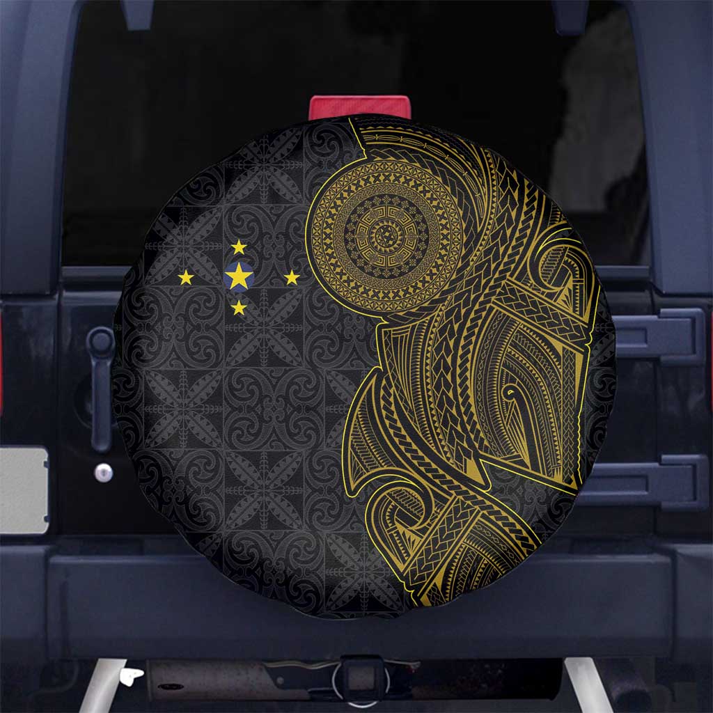 Niue Polynesian Hiapo Tattoo Art Spare Tire Cover Half Style Black Gold Color - Polynesian Pride