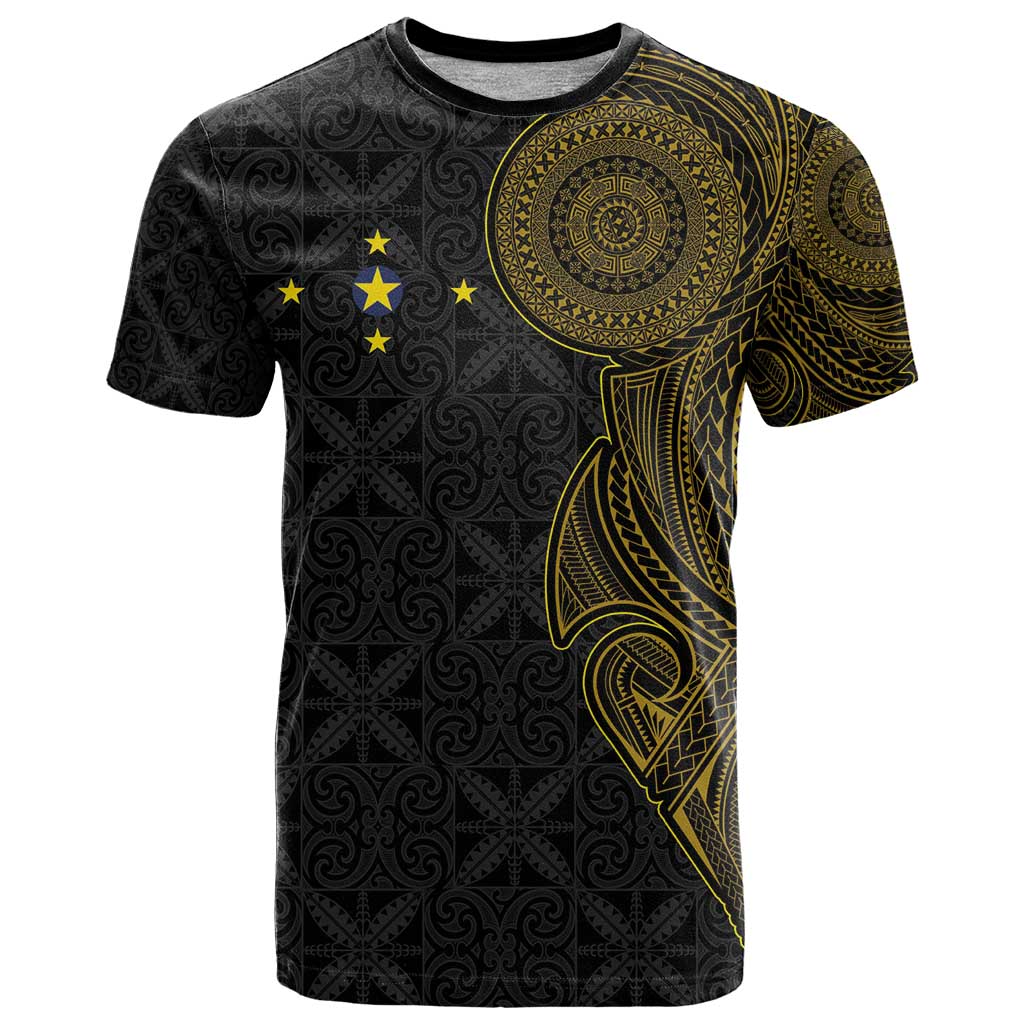 Niue Polynesian Hiapo Tattoo Art T Shirt Half Style Black Gold Color - Polynesian Pride