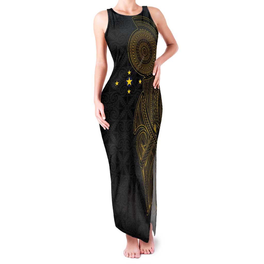 Niue Polynesian Hiapo Tattoo Art Tank Maxi Dress Half Style Black Gold Color LT03 Women Black - Polynesian Pride