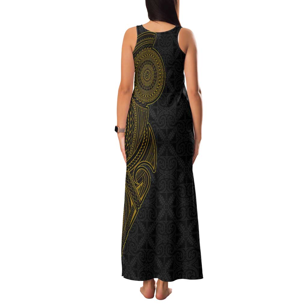 Niue Polynesian Hiapo Tattoo Art Tank Maxi Dress Half Style Black Gold Color LT03 - Polynesian Pride