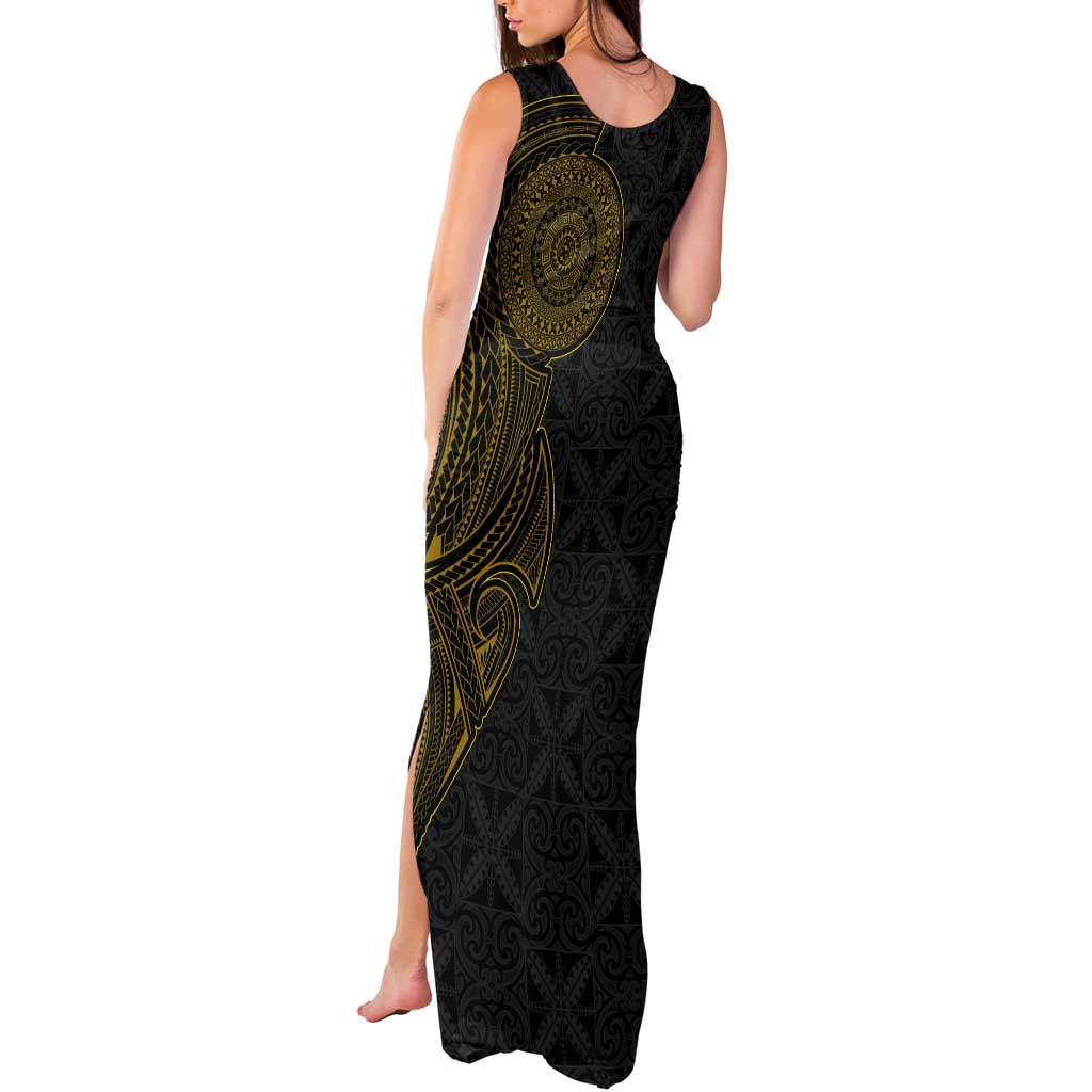 Niue Polynesian Hiapo Tattoo Art Tank Maxi Dress Half Style Black Gold Color LT03 - Polynesian Pride