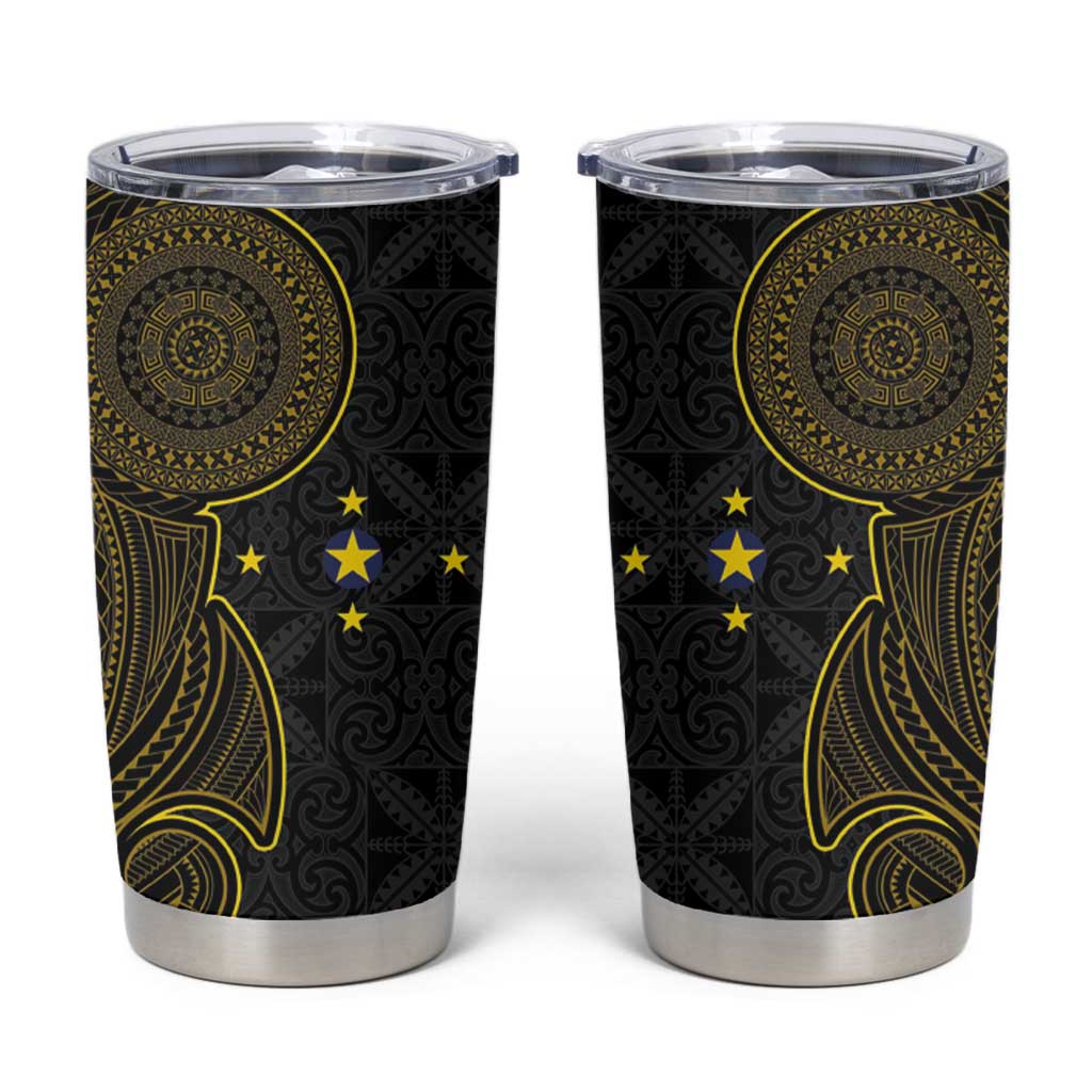 Niue Polynesian Hiapo Tattoo Art Tumbler Cup Half Style Black Gold Color - Polynesian Pride