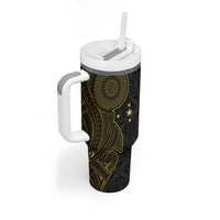 Niue Polynesian Hiapo Tattoo Art Tumbler With Handle Half Style Black Gold Color - Polynesian Pride