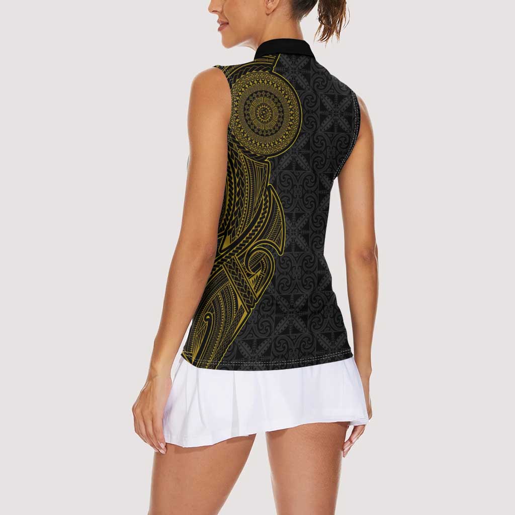 Niue Polynesian Hiapo Tattoo Art Women Sleeveless Polo Shirt Half Style Black Gold Color - Polynesian Pride