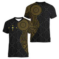 Niue Polynesian Hiapo Tattoo Art Women V-Neck T-Shirt Half Style Black Gold Color - Polynesian Pride