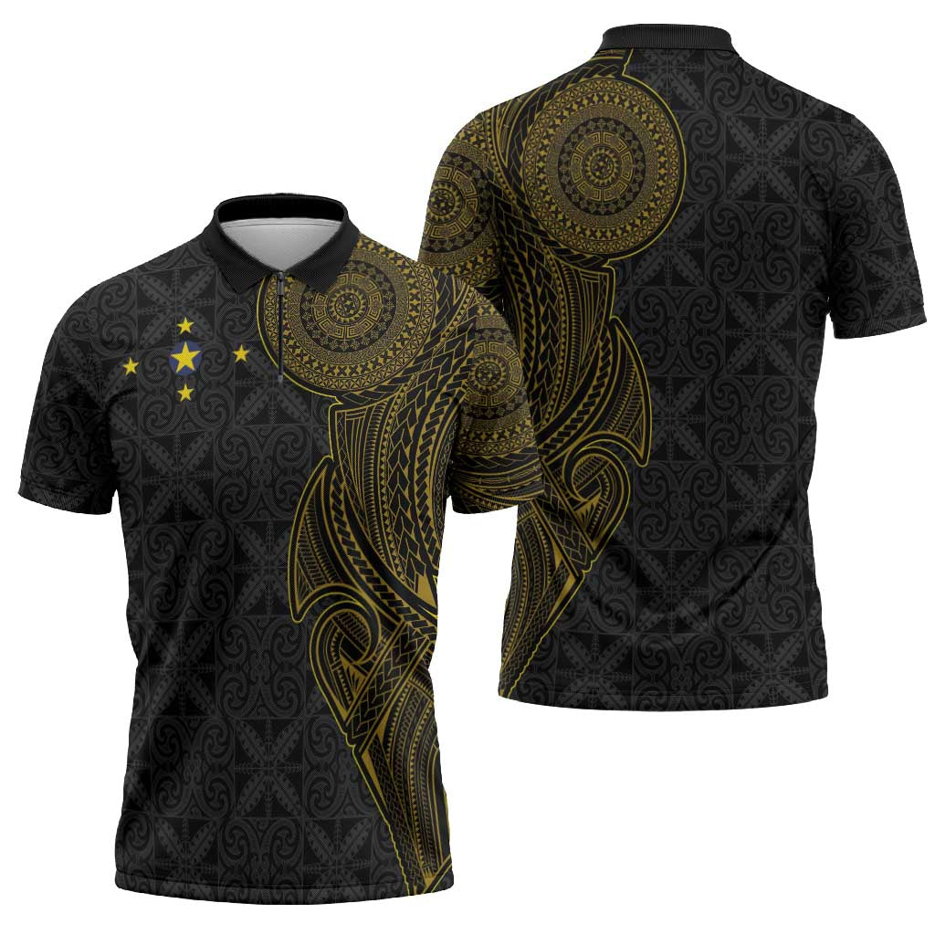 Niue Polynesian Hiapo Tattoo Art Zipper Polo Shirt Half Style Black Gold Color - Polynesian Pride