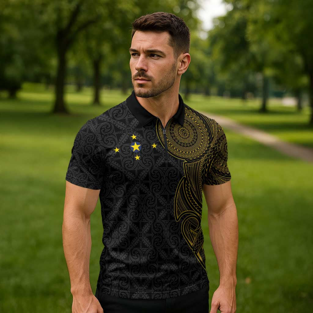 Niue Polynesian Hiapo Tattoo Art Zipper Polo Shirt Half Style Black Gold Color - Polynesian Pride