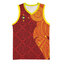 Niue Polynesian Hiapo Tattoo Art Basketball Jersey Half Style Red Yellow Color - Polynesian Pride