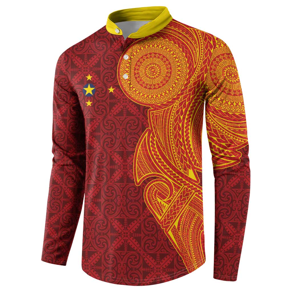 Niue Polynesian Hiapo Tattoo Art Button Sweatshirt Half Style Red Yellow Color - Polynesian Pride