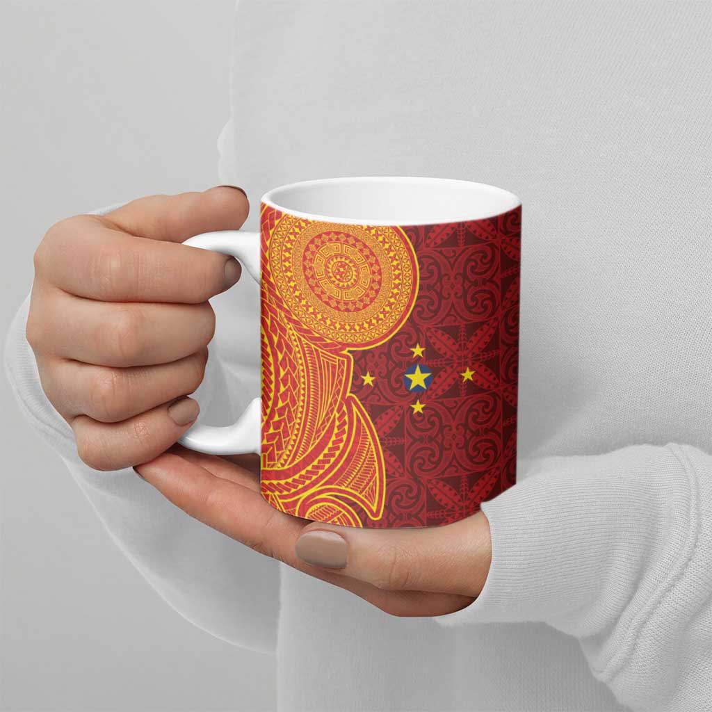 Niue Polynesian Hiapo Tattoo Art Ceramic Mug Half Style Red Yellow Color - Polynesian Pride