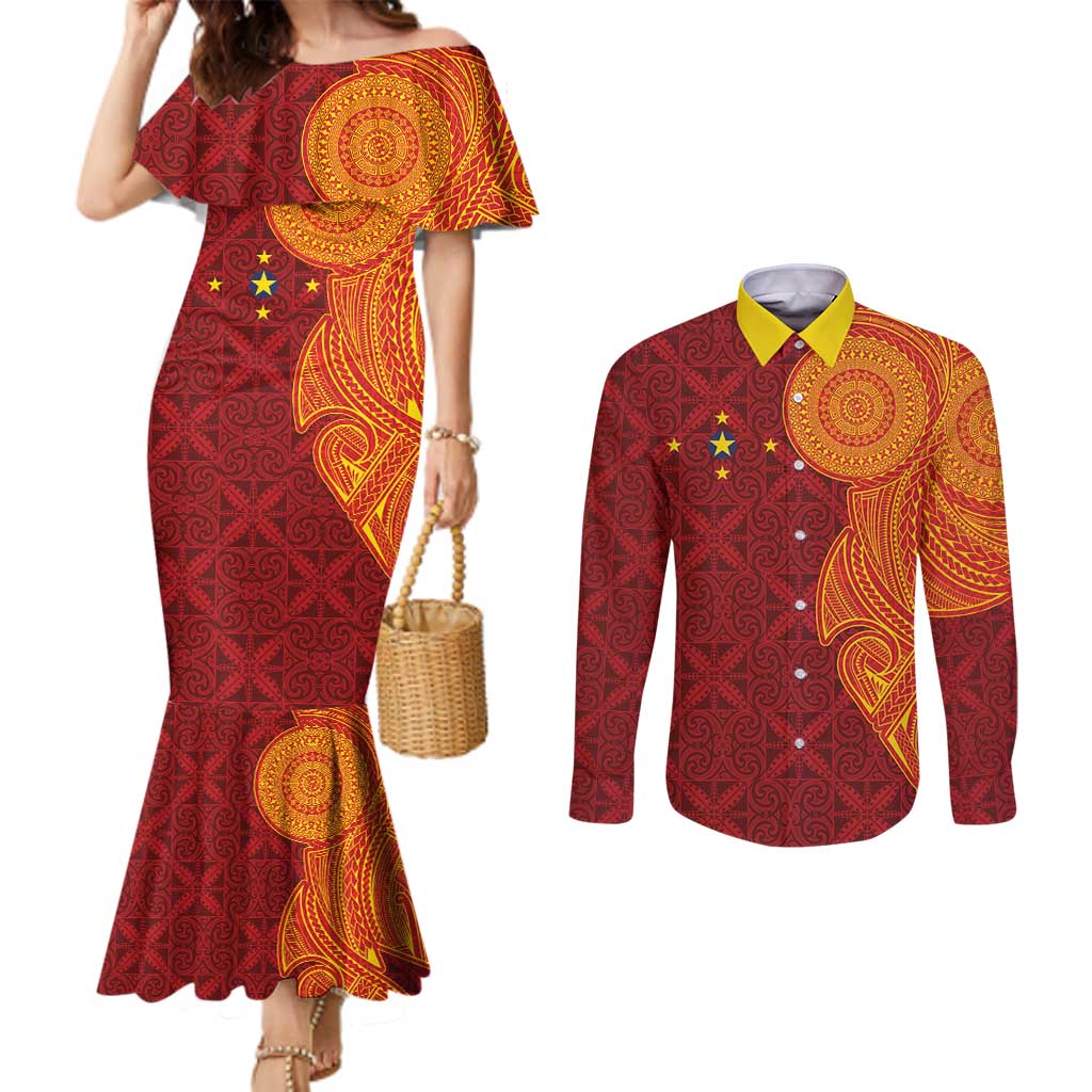 Niue Polynesian Hiapo Tattoo Art Couples Matching Mermaid Dress and Long Sleeve Button Shirt Half Style Red Yellow Color - Polynesian Pride