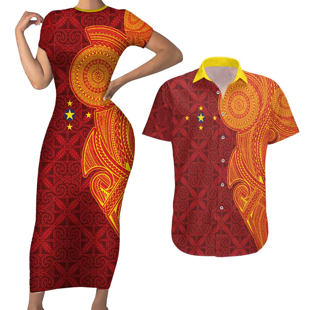 Niue Polynesian Hiapo Tattoo Art Couples Matching Short Sleeve Bodycon Dress and Hawaiian Shirt Half Style Red Yellow Color - Polynesian Pride