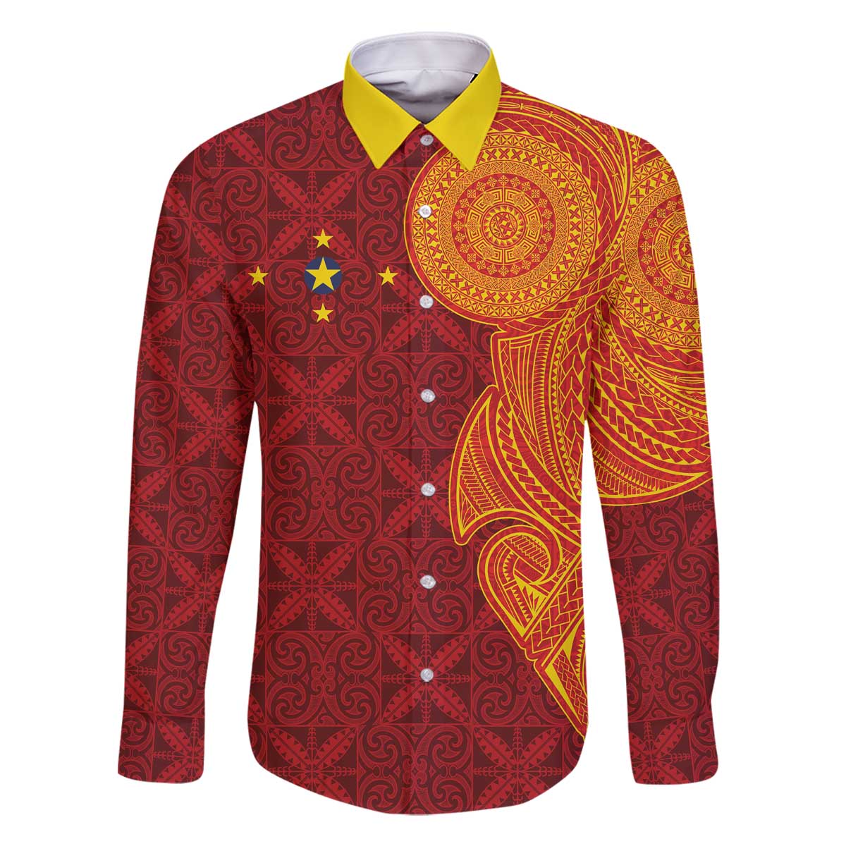 Niue Polynesian Hiapo Tattoo Art Family Matching Off The Shoulder Long Sleeve Dress and Hawaiian Shirt Half Style Red Yellow Color - Polynesian Pride