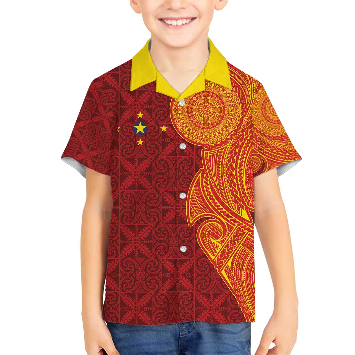 Niue Polynesian Hiapo Tattoo Art Family Matching Off The Shoulder Long Sleeve Dress and Hawaiian Shirt Half Style Red Yellow Color - Polynesian Pride