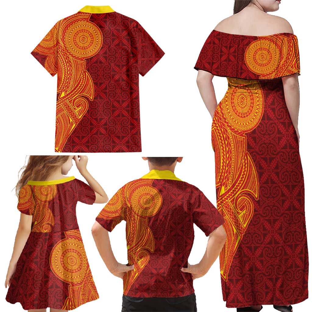 Niue Polynesian Hiapo Tattoo Art Family Matching Off Shoulder Maxi Dress and Hawaiian Shirt Half Style Red Yellow Color - Polynesian Pride