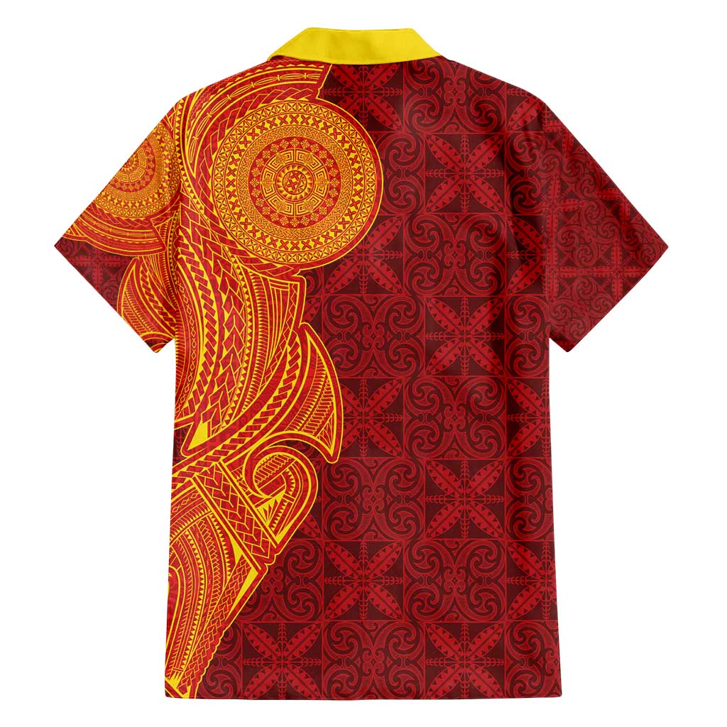 Niue Polynesian Hiapo Tattoo Art Family Matching Off Shoulder Maxi Dress and Hawaiian Shirt Half Style Red Yellow Color - Polynesian Pride
