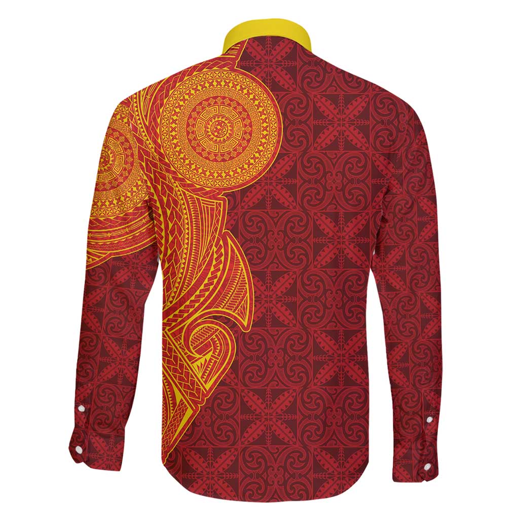 Niue Polynesian Hiapo Tattoo Art Family Matching Off Shoulder Short Dress and Hawaiian Shirt Half Style Red Yellow Color LT03 - Polynesian Pride