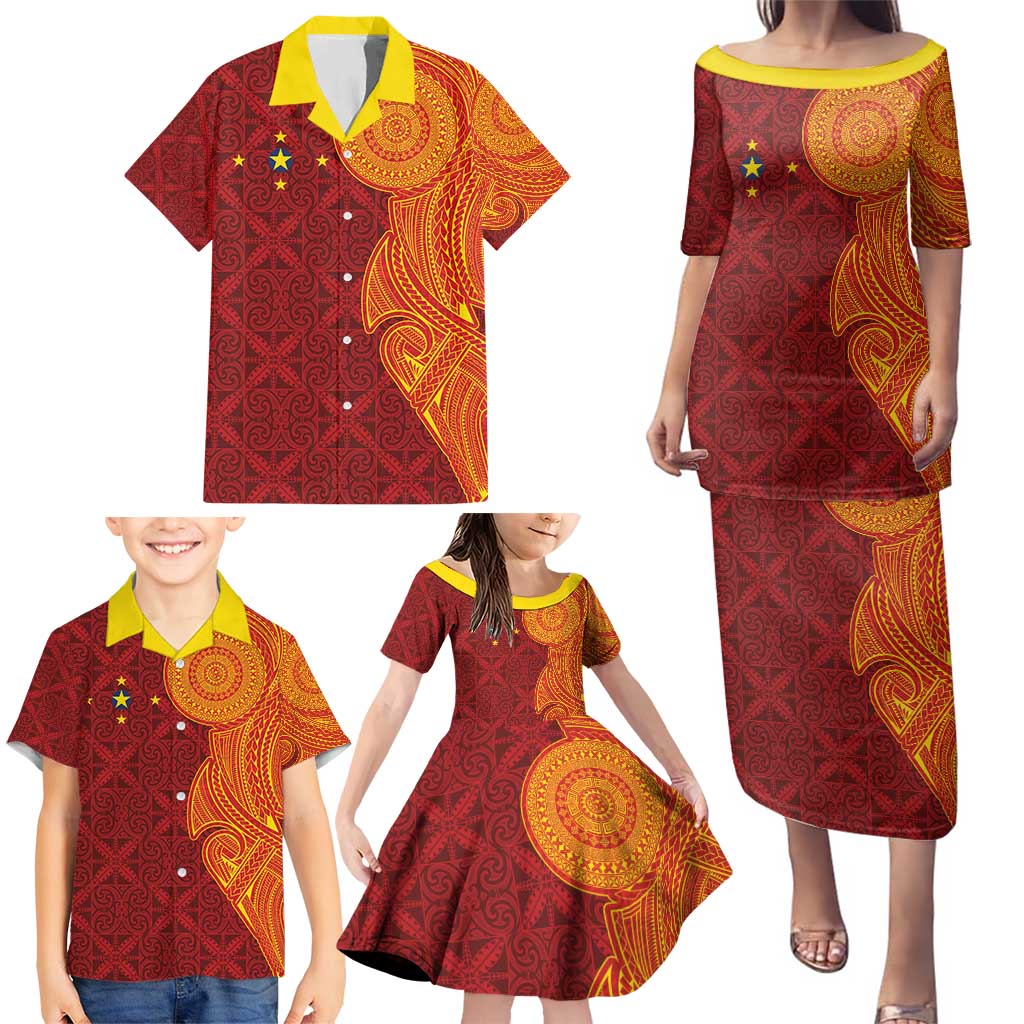 Niue Polynesian Hiapo Tattoo Art Family Matching Puletasi and Hawaiian Shirt Half Style Red Yellow Color - Polynesian Pride