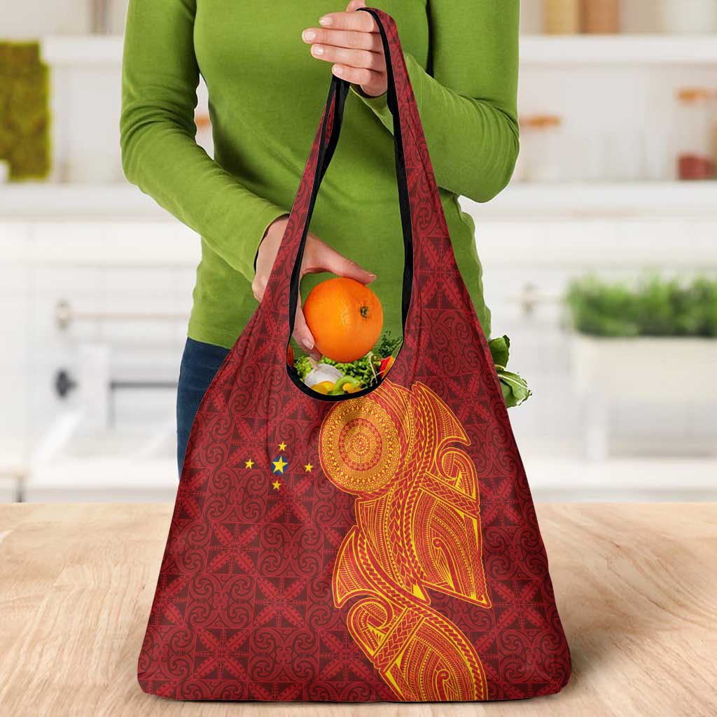 Niue Polynesian Hiapo Tattoo Art Grocery Bag Half Style Red Yellow Color - Polynesian Pride