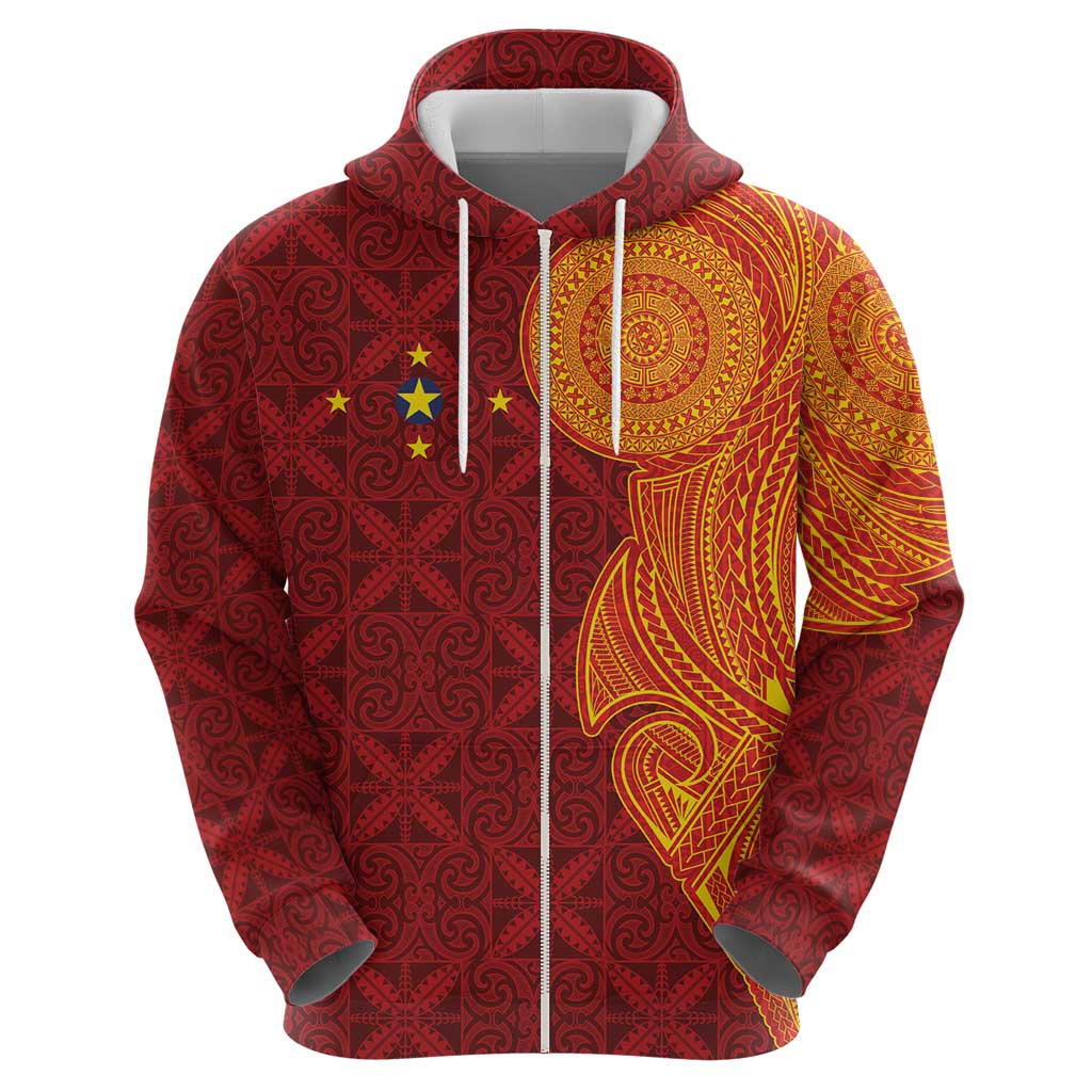 Niue Polynesian Hiapo Tattoo Art Hoodie Half Style Red Yellow Color - Polynesian Pride