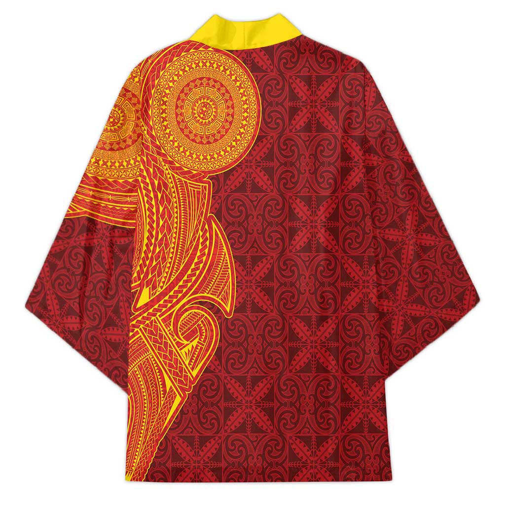 Niue Polynesian Hiapo Tattoo Art Kimono Half Style Red Yellow Color - Polynesian Pride
