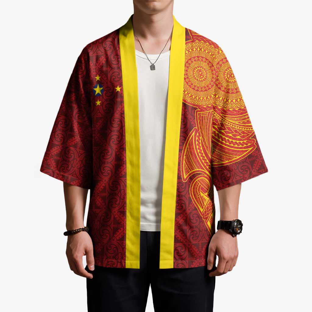 Niue Polynesian Hiapo Tattoo Art Kimono Half Style Red Yellow Color - Polynesian Pride