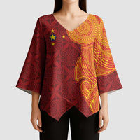 Niue Polynesian Hiapo Tattoo Art Kimono Sleeve Blouse Half Style Red Yellow Color - Polynesian Pride