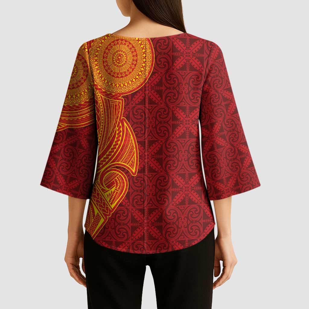 Niue Polynesian Hiapo Tattoo Art Kimono Sleeve Blouse Half Style Red Yellow Color - Polynesian Pride