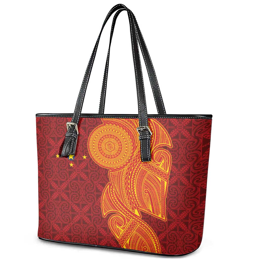Niue Polynesian Hiapo Tattoo Art Leather Tote Bag Half Style Red Yellow Color - Polynesian Pride