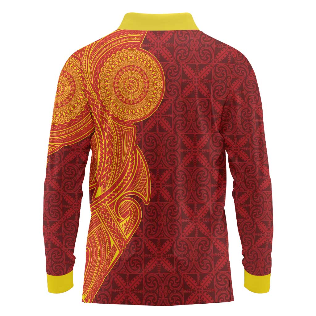 Niue Polynesian Hiapo Tattoo Art Long Sleeve Polo Shirt Half Style Red Yellow Color - Polynesian Pride