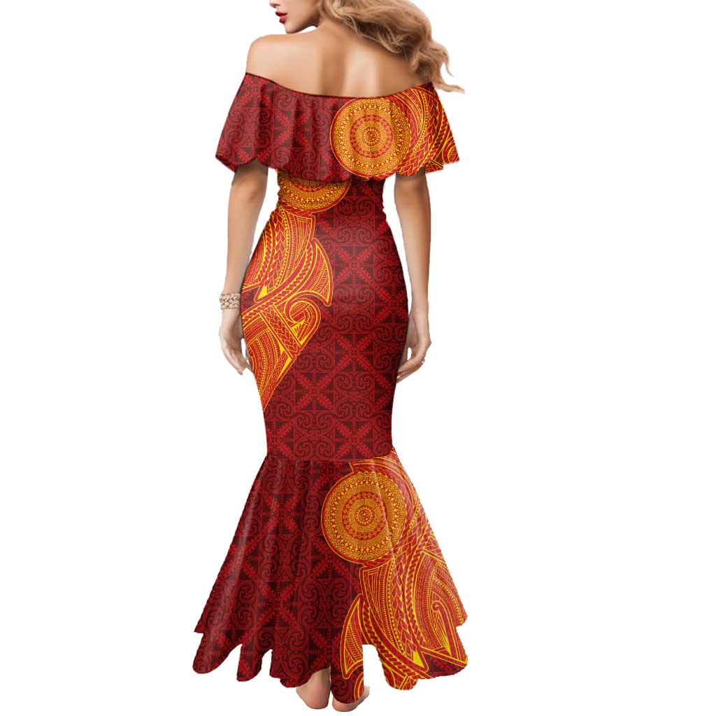 Niue Polynesian Hiapo Tattoo Art Mermaid Dress Half Style Red Yellow Color - Polynesian Pride