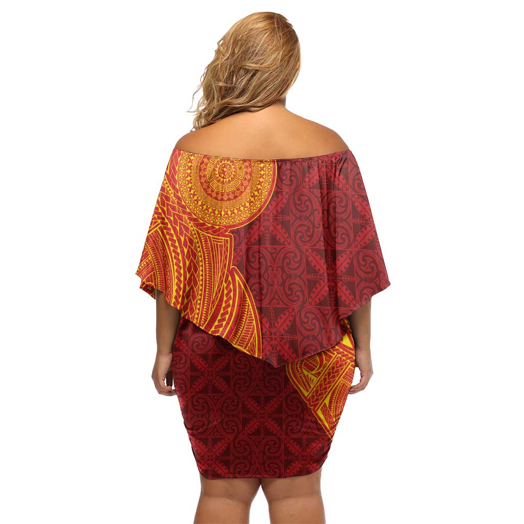 Niue Polynesian Hiapo Tattoo Art Off Shoulder Short Dress Half Style Red Yellow Color - Polynesian Pride