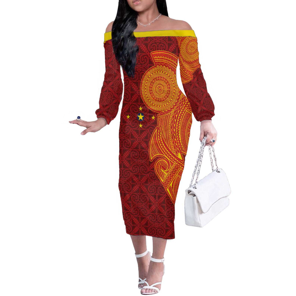 Niue Polynesian Hiapo Tattoo Art Off The Shoulder Long Sleeve Dress Half Style Red Yellow Color - Polynesian Pride
