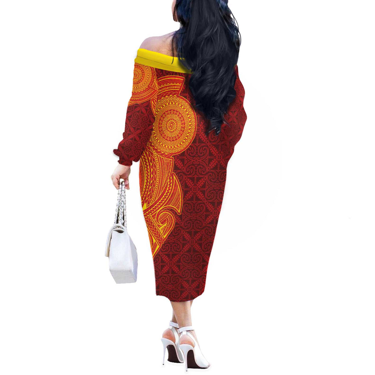 Niue Polynesian Hiapo Tattoo Art Off The Shoulder Long Sleeve Dress Half Style Red Yellow Color - Polynesian Pride