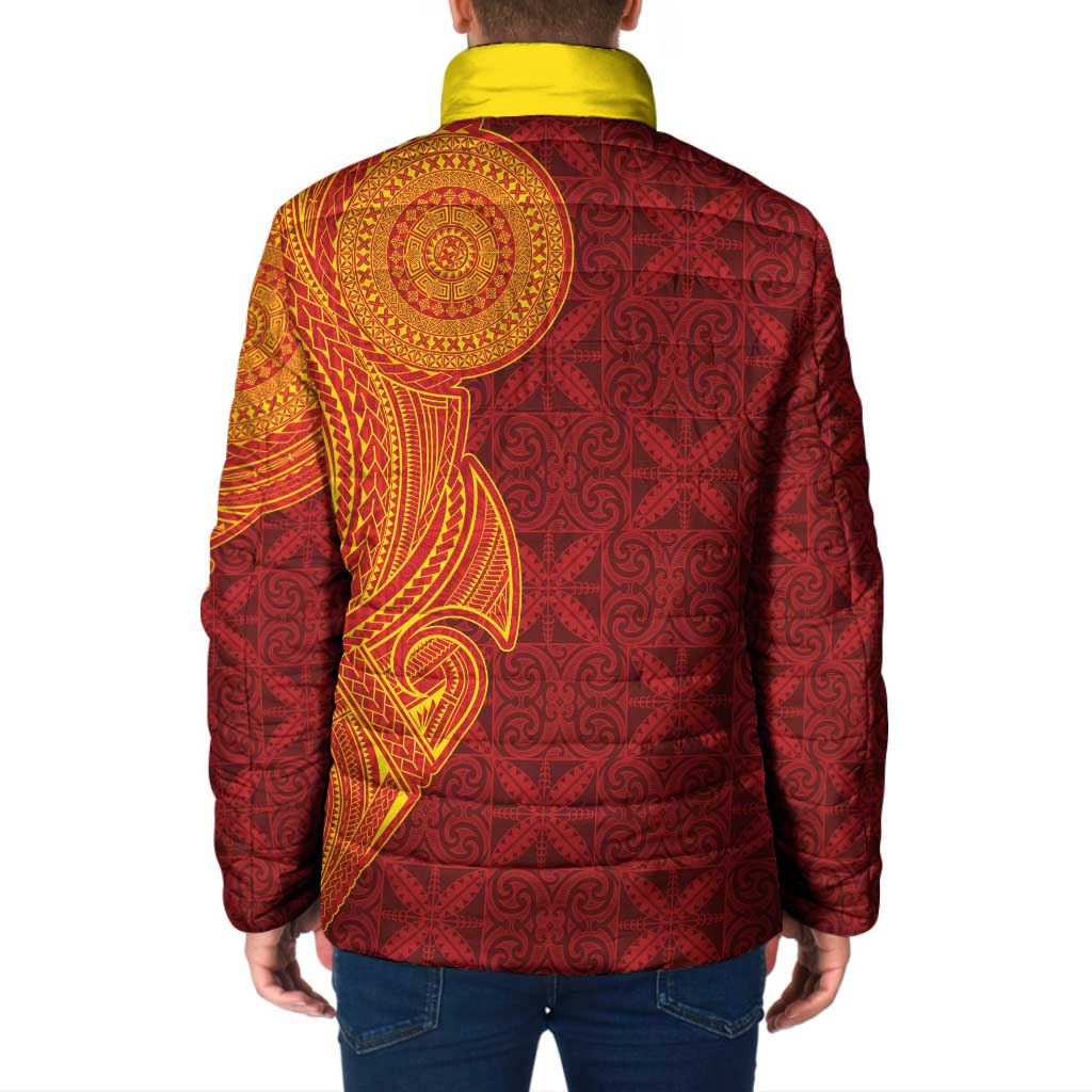 Niue Polynesian Hiapo Tattoo Art Padded Jacket Half Style Red Yellow Color - Polynesian Pride