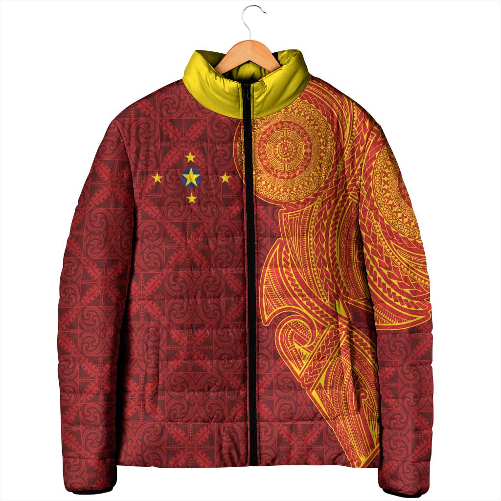Niue Polynesian Hiapo Tattoo Art Padded Jacket Half Style Red Yellow Color - Polynesian Pride