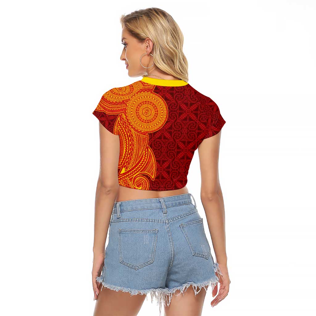 Niue Polynesian Hiapo Tattoo Art Raglan Cropped T Shirt Half Style Red Yellow Color - Polynesian Pride