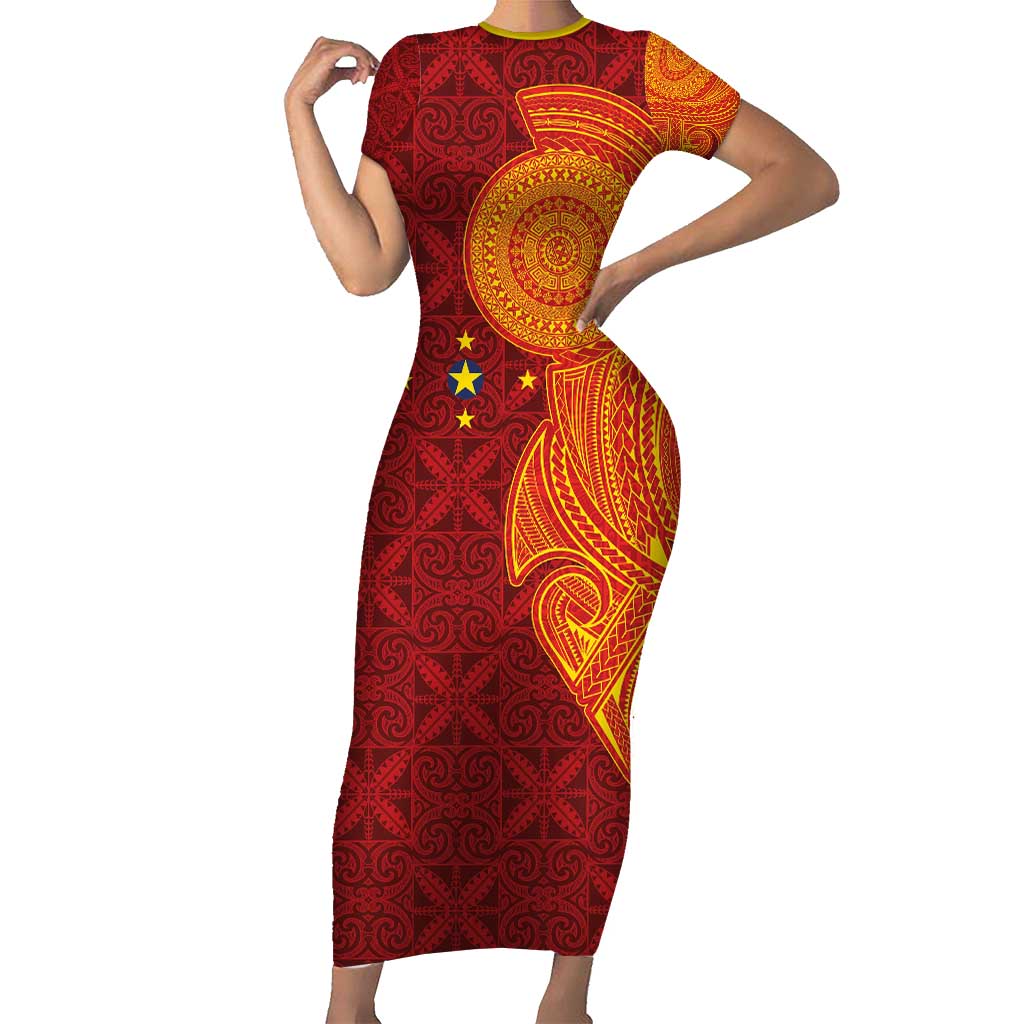 Niue Polynesian Hiapo Tattoo Art Short Sleeve Bodycon Dress Half Style Red Yellow Color - Polynesian Pride