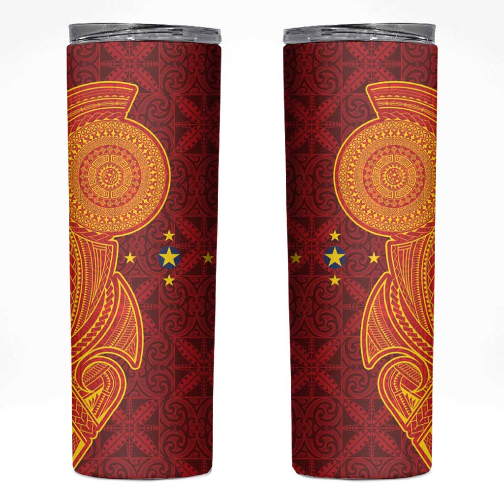 Niue Polynesian Hiapo Tattoo Art Skinny Tumbler Half Style Red Yellow Color - Polynesian Pride