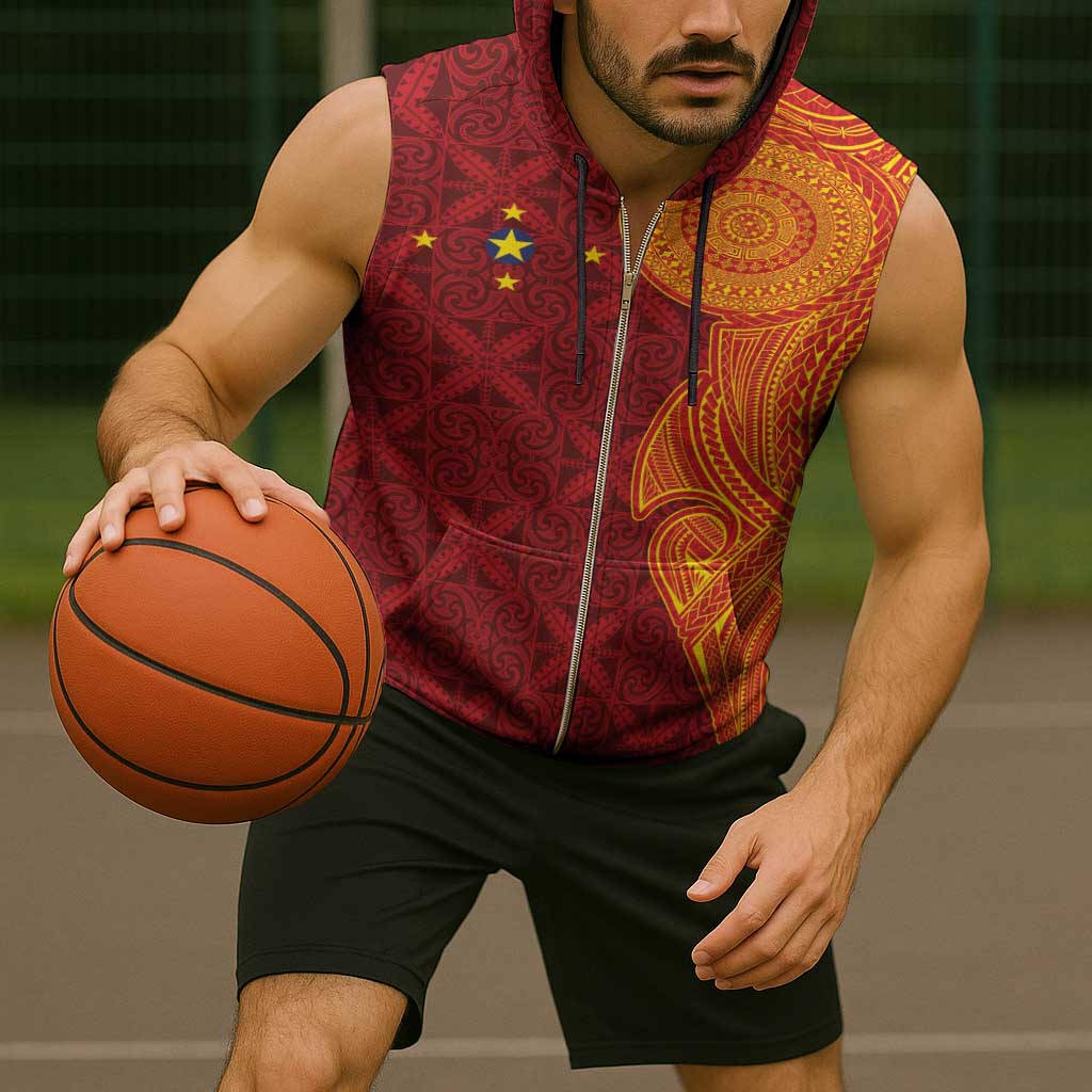 Niue Polynesian Hiapo Tattoo Art Sleeveless Zip Hoodie Half Style Red Yellow Color - Polynesian Pride