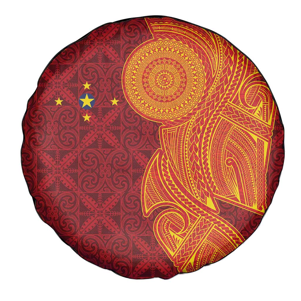 Niue Polynesian Hiapo Tattoo Art Spare Tire Cover Half Style Red Yellow Color - Polynesian Pride