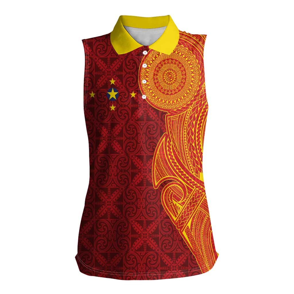 Niue Polynesian Hiapo Tattoo Art Women Sleeveless Polo Shirt Half Style Red Yellow Color - Polynesian Pride