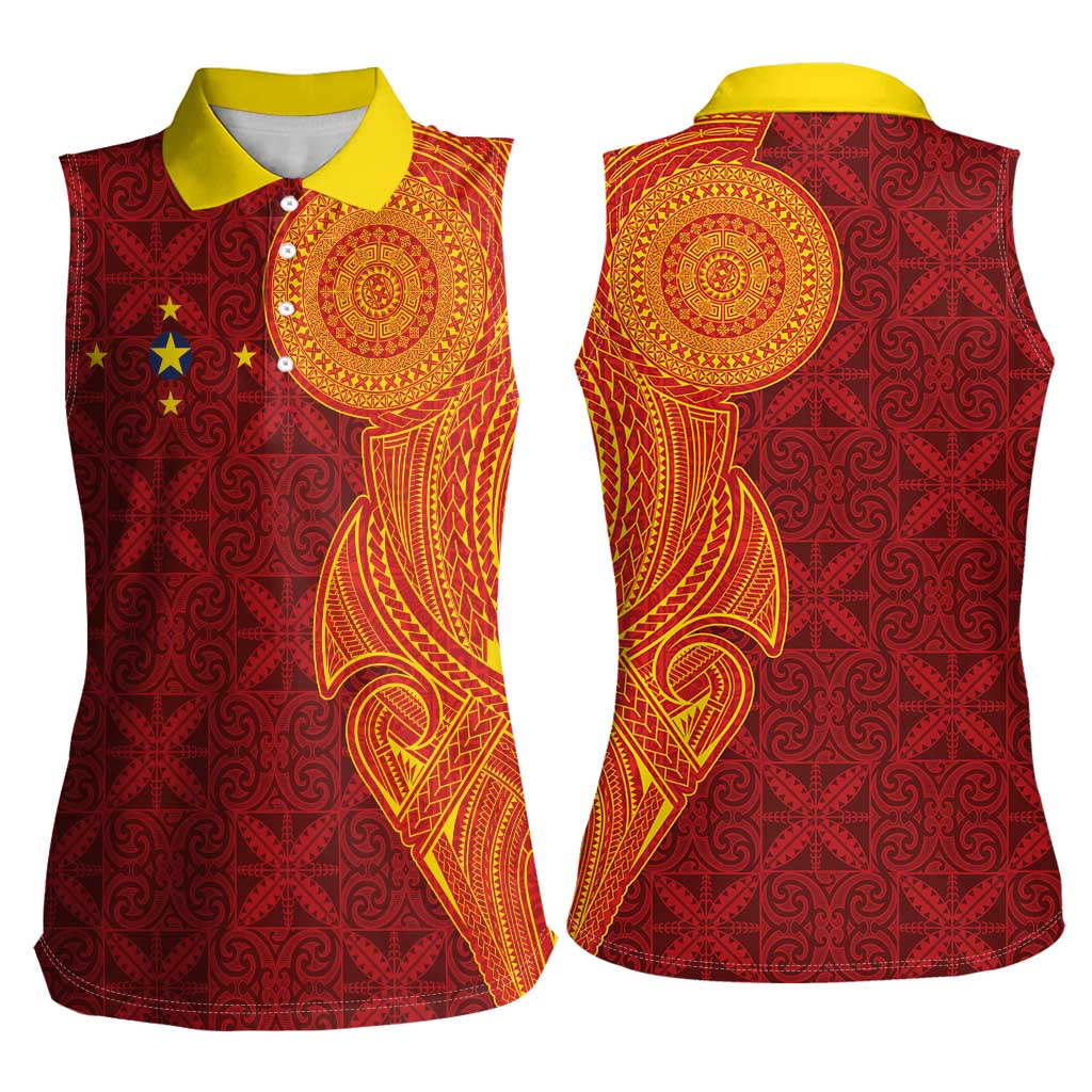 Niue Polynesian Hiapo Tattoo Art Women Sleeveless Polo Shirt Half Style Red Yellow Color - Polynesian Pride