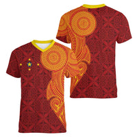Niue Polynesian Hiapo Tattoo Art Women V-Neck T-Shirt Half Style Red Yellow Color - Polynesian Pride