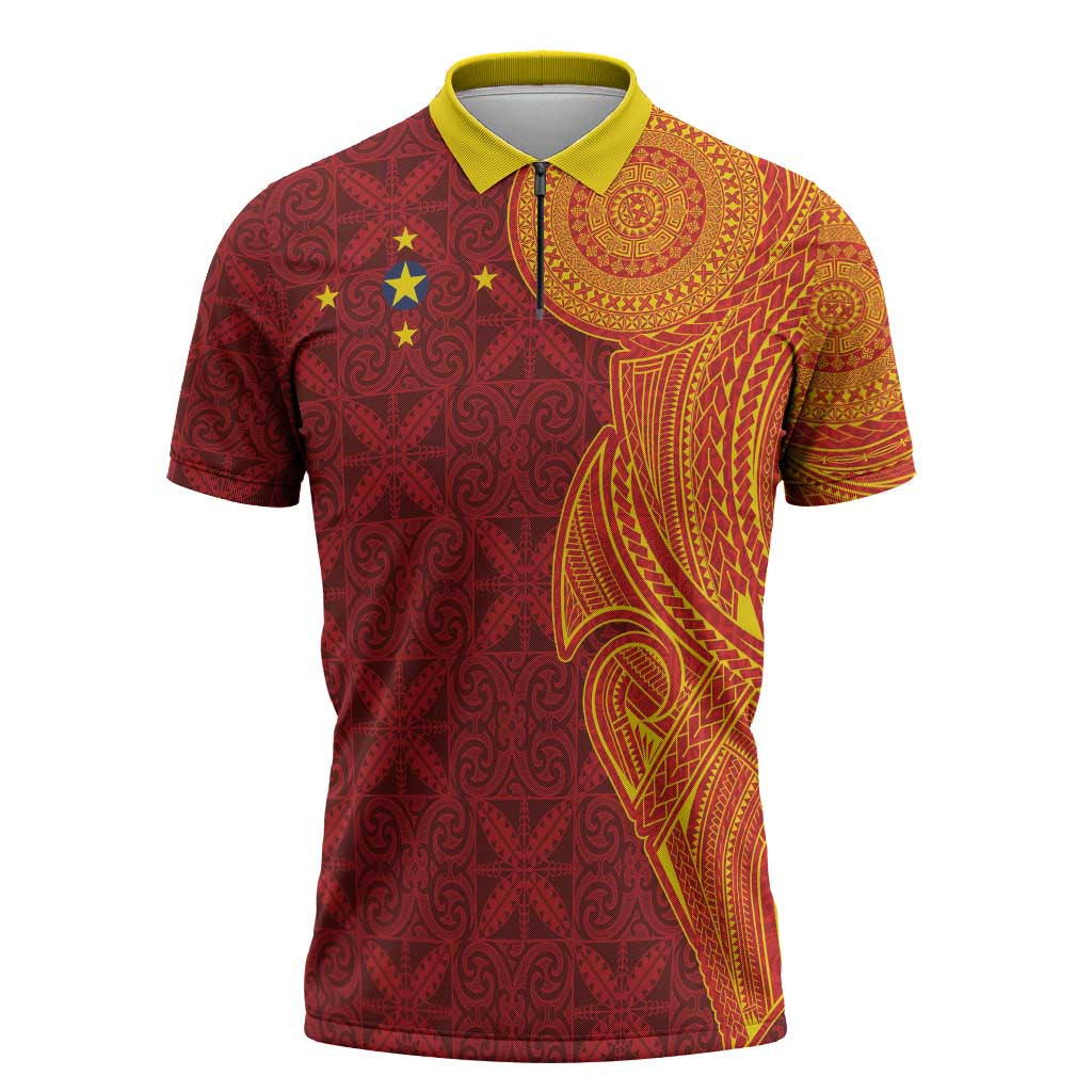 Niue Polynesian Hiapo Tattoo Art Zipper Polo Shirt Half Style Red Yellow Color - Polynesian Pride