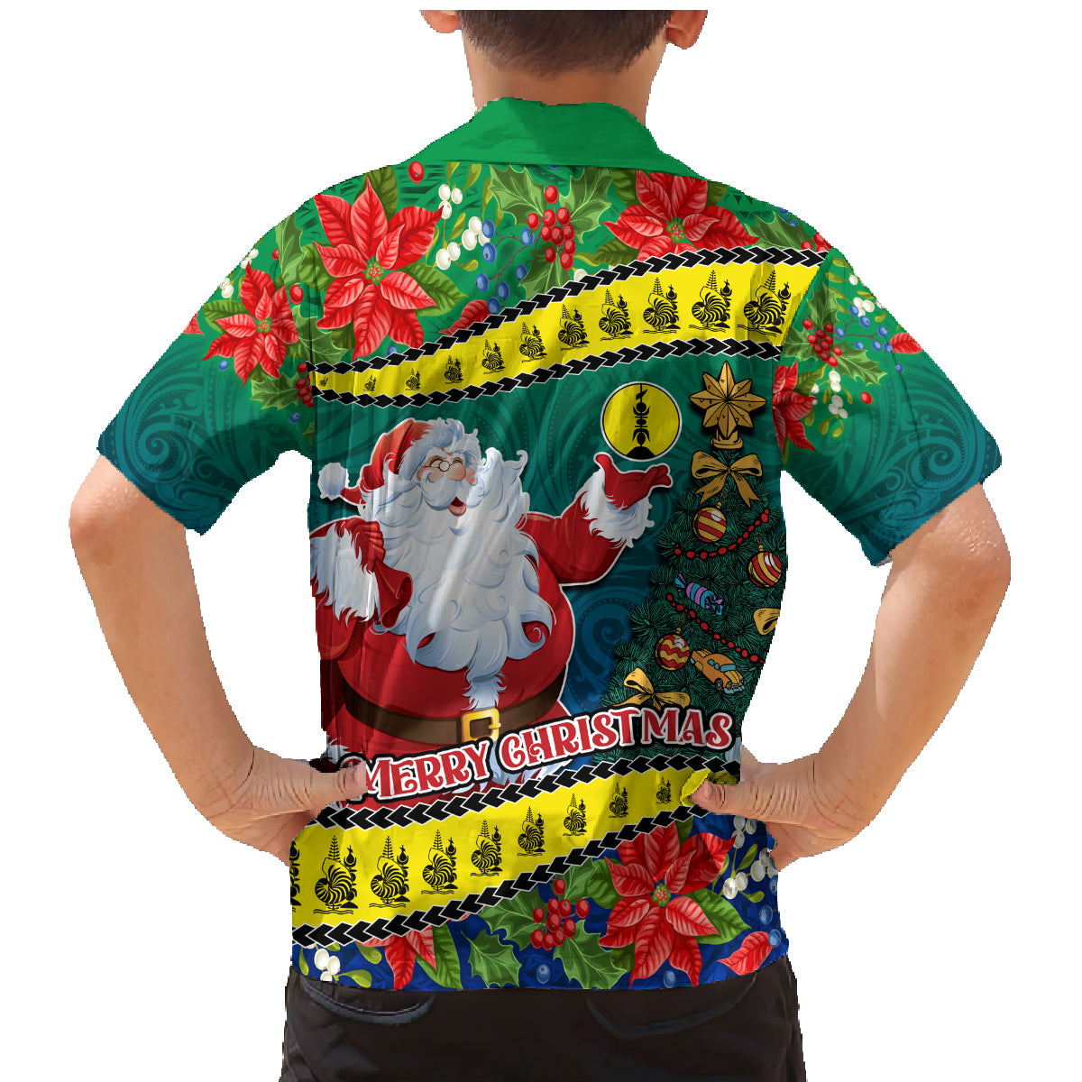 New Caledonia Christmas Family Matching Mermaid Dress and Hawaiian Shirt Santa Claus and Kanak Flag Mix Poinsettia Maori Pattern LT03 - Polynesian Pride