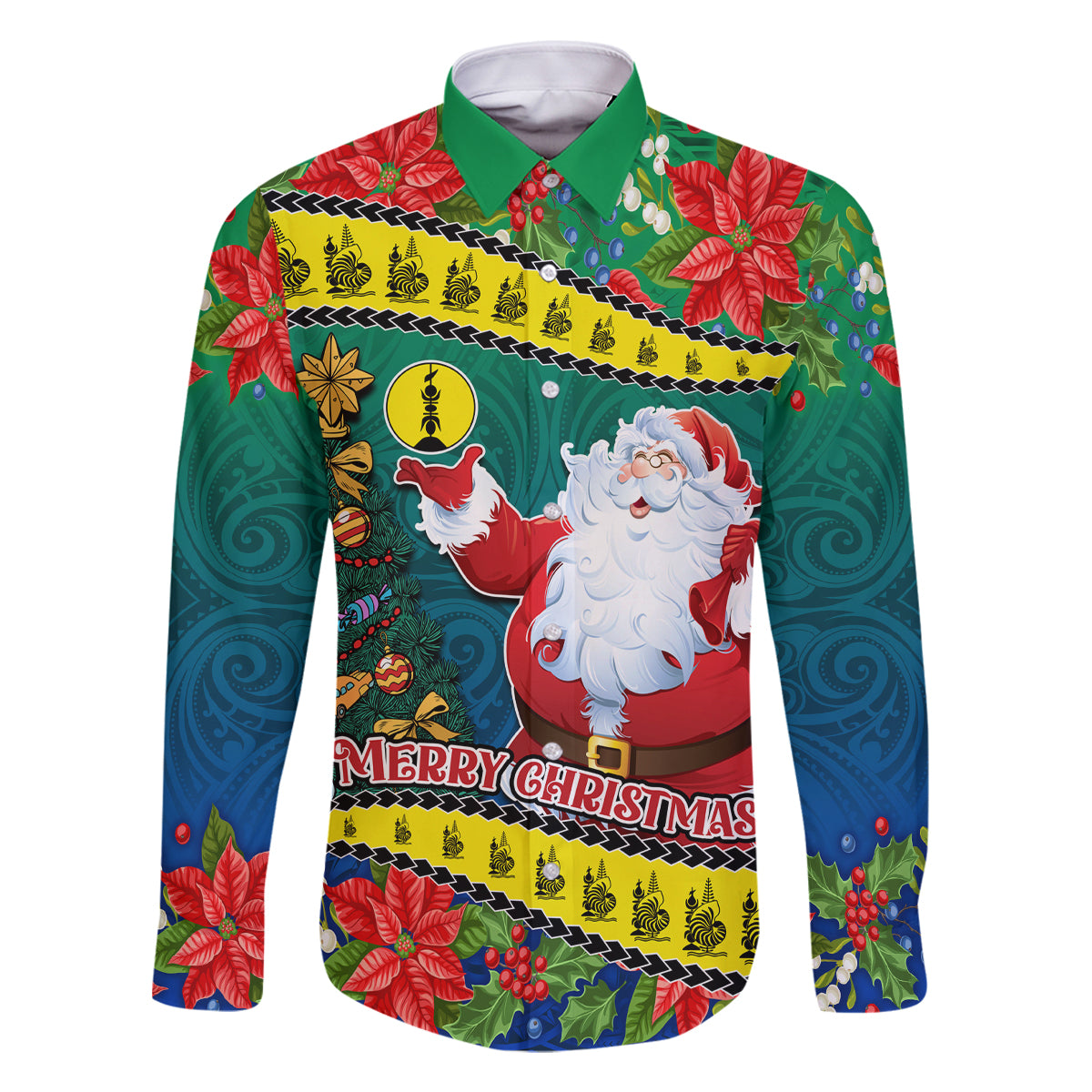 New Caledonia Christmas Family Matching Off Shoulder Maxi Dress and Hawaiian Shirt Santa Claus and Kanak Flag Mix Poinsettia Maori Pattern LT03 Dad's Shirt - Long Sleeve Green - Polynesian Pride