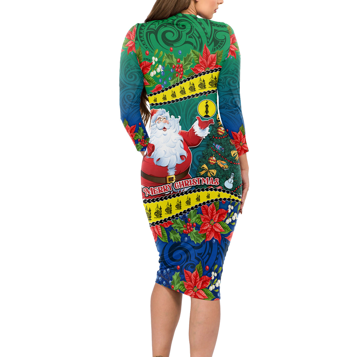 New Caledonia Christmas Long Sleeve Bodycon Dress Santa Claus and Kanak Flag Mix Poinsettia Maori Pattern LT03 - Polynesian Pride